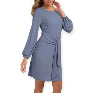 NWT Lionstill Blue Casual Dress Long Sleeve Tie Wrap Waist Mini Dress